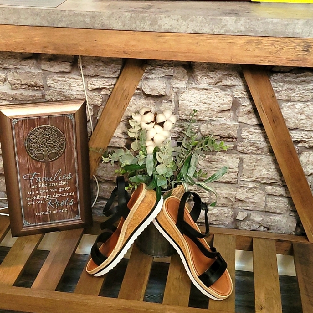Brand-new Women black leather strap, cork and tweed wedge sandals.